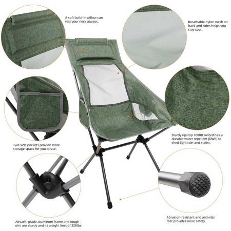Camping-Rucksackstuhl mit hoher Rückenlehne , 330 lbs Kapazität , leichter, kompakter, tragbarer Klappstuhl für Wanderungen, Reisen, Strandpicknick 
