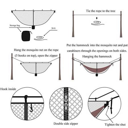 Hängematten-Insektennetz mit Aufhängesystem hält den Mückenreißverschluss für einfachen Ein- und Ausstieg fern
 