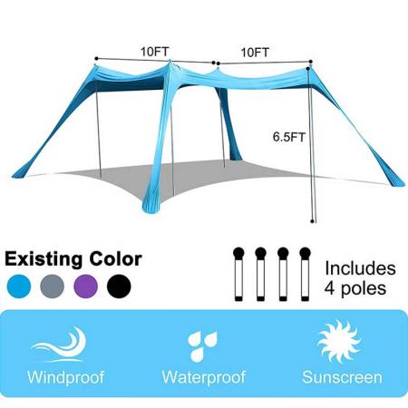 UPF50 UV-Schutz Strandzelt mit 4 Aluminiumstangen, 4 Stangenanker, 4 Sandsackanker Große & tragbare Schutzplane
 