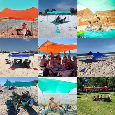 UPF50 UV-Schutz Strandzelt mit 4 Aluminiumstangen, 4 Stangenanker, 4 Sandsackanker Große & tragbare Schutzplane
 