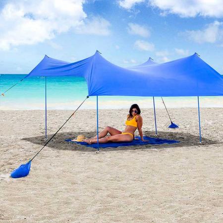 Strandüberdachung UPF50 Sonne Strandschatten Sonnenschirm mit 4 Aluminiumstangen 4-polige große tragbare Sonnenschutzplane
 