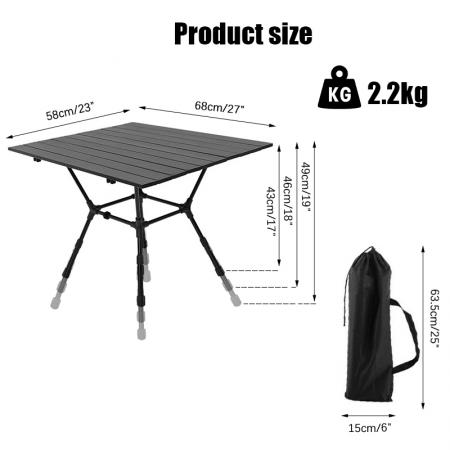2023 NEUE ANKUNFT Camping Quadratischer Tisch Höhenverstellbarer Tisch 43-49cm Klappbarer Strandtisch OEM ODM 