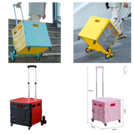 Hochwertiger Kunststoff-Aufbewahrungsbox-Klappwagen, tragbarer Einkaufswagen mit 8 Rädern, grün, gelb, rosa 