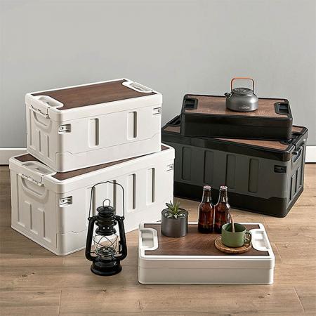 Kundenspezifische Aufbewahrungsbox aus Kunststoff, Camping-Container, Box-Organizer, gefaltet mit Holzdeckel, faltbare Holz-Aufbewahrungsbox-Abdeckung 