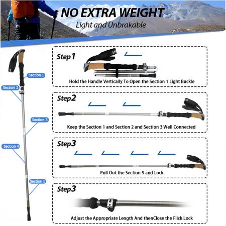 Maßgefertigte, 5-teilige Trekkingstöcke aus 7075er Flugzeugaluminium mit Tragegurt, faltbar, mit Korkgriff (OEM-Option)