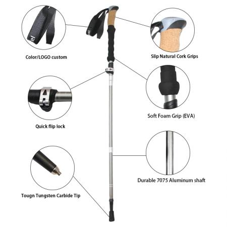 Maßgefertigte, 5-teilige Trekkingstöcke aus 7075er Flugzeugaluminium mit Tragegurt, faltbar, mit Korkgriff (OEM-Option)