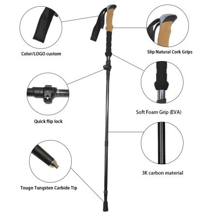 Faltbarer Wanderstock aus Aluminiumlegierung mit Korkgriffen, verstellbar, mit Gummispitze