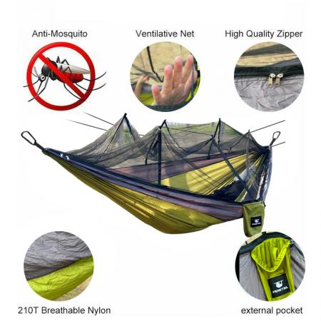 Tragbare Doppel-Camping-Hängematte aus Nylon mit Fallschirm, Moskitonetz, Seil und Karabinerhaken