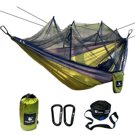Tragbare Doppel-Camping-Hängematte aus Nylon mit Fallschirm, Moskitonetz, Seil und Karabinerhaken