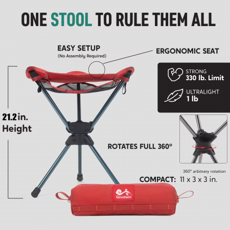 Kompakter, leichter, um 360° drehbarer Campingstuhl/Hocker aus 600D Oxford-Gewebe und Aluminium. 