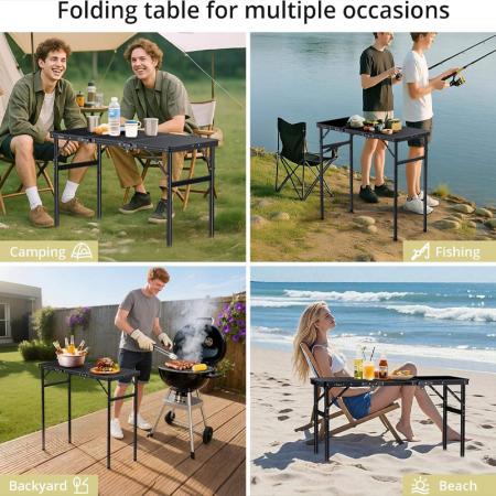 Neuer quadratischer Outdoor-BBQ-Grill-Campingtisch aus Metall und Aluminium, faltbarer schwarzer Strandtisch 