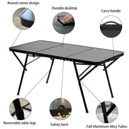 Neuer quadratischer Outdoor-BBQ-Grill-Campingtisch aus Metall und Aluminium, faltbarer schwarzer Strandtisch 