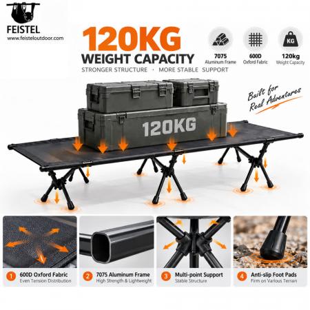 Leichtes klappbares Campingbett – tragbares 7075-Aluminium-Campingbett, 600D Oxford, 190 × 65 × 38 cm, 120 kg Belastbarkeit 