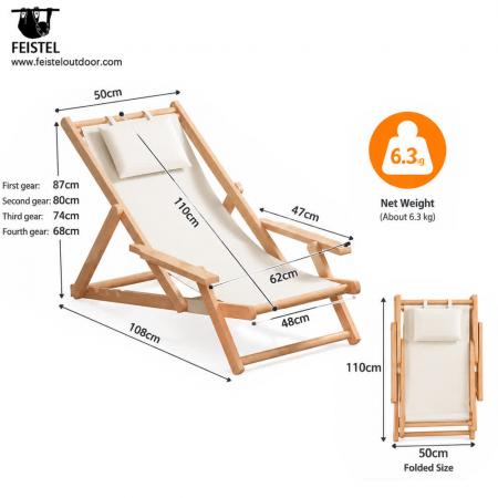 Klappbarer Campingstuhl aus Holz – Verstellbarer Strand-Relaxsessel mit Armlehnen & Kissen 