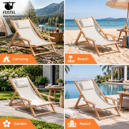 Klappbarer Campingstuhl aus Holz – Verstellbarer Strand-Relaxsessel mit Armlehnen & Kissen 