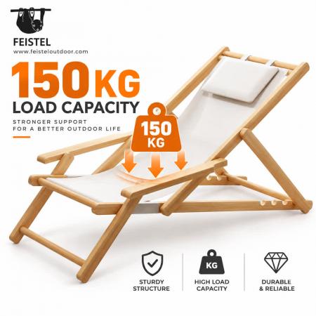 Klappbarer Campingstuhl aus Holz – Verstellbarer Strand-Relaxsessel mit Armlehnen & Kissen 