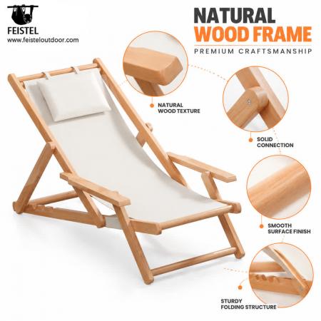 Klappbarer Campingstuhl aus Holz – Verstellbarer Strand-Relaxsessel mit Armlehnen & Kissen 