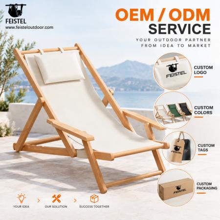 Klappbarer Campingstuhl aus Holz – Verstellbarer Strand-Relaxsessel mit Armlehnen & Kissen 