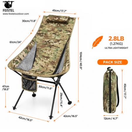Leichter, faltbarer Campingstuhl mit hoher Rückenlehne und Kissen – 1,27 kg, 150 kg Belastbarkeit, 47 cm Sitzhöhe 