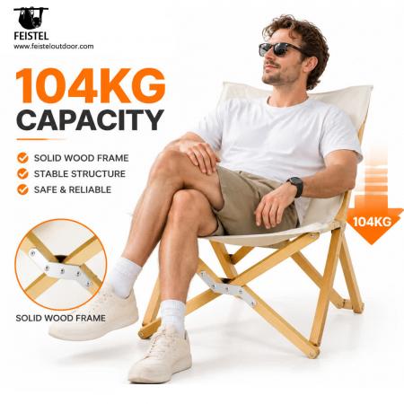 Faltbarer Camping-Holzstuhl – 52×53×90 cm Holzrahmensitz, 4,2 kg, 104 kg Belastbarkeit 