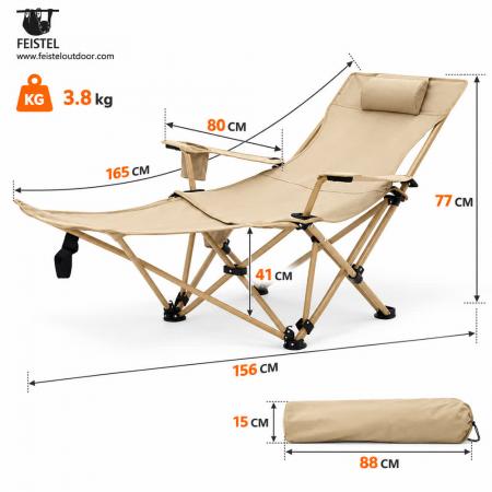 Faltbarer Camping-Loungestuhl mit Fußstütze und Kissen – 150 kg Eisenrahmen, 3,8 kg tragbarer Liegestuhl 