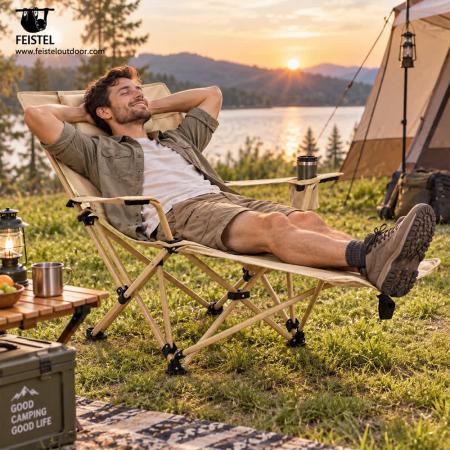 Faltbarer Camping-Loungestuhl mit Fußstütze und Kissen – 150 kg Eisenrahmen, 3,8 kg tragbarer Liegestuhl 