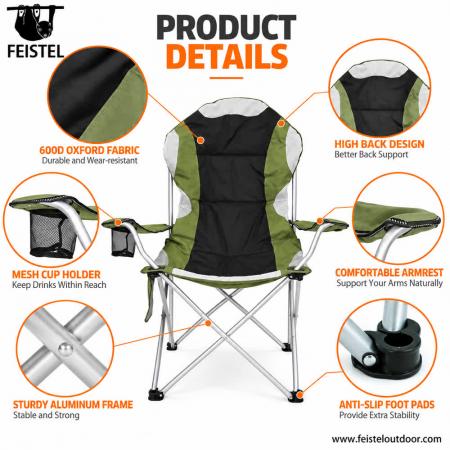 Großzügig geschnittener, klappbarer Campingstuhl mit Armlehnen – 104 cm hoher, tragbarer Outdoor-Stuhl, 150 kg Tragkraft 