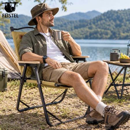 Bequemer faltbarer Campingstuhl – 3,1 kg tragbarer Stuhl mit Massivholz-Armlehnen, 150 kg Tragkraft 