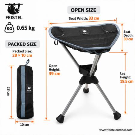 Leichter Campinghocker – 0,65 kg Mini-Klappdreibein-Campsitz mit 7075-Aluminiumgestell, Sitzfläche aus Oxford-Gewebe & Tragetasche 